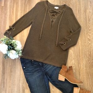 Olive taupe oversized sweater w/ laces